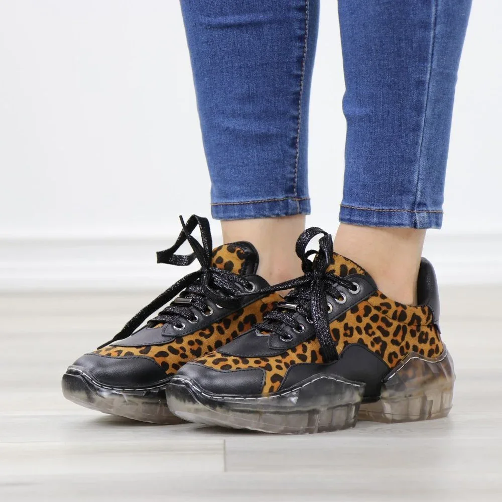 Animal Leopard Print Women's Fashion Chunky Heel Sneakers Shoes - Picture 12 of 15